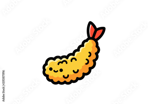 Illustration of a smiling fried shrimp with red tail fins on white background
