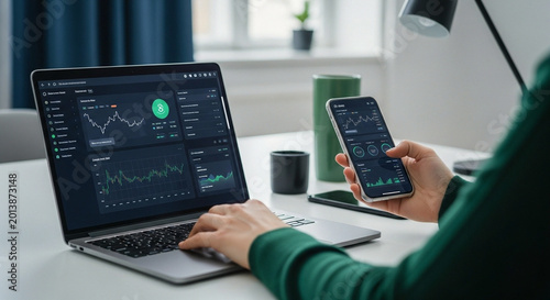 Online trading with laptop and mobile phone