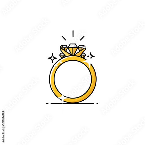 A simple illustration of a shiny gold ring with a large diamond