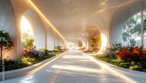 Modern futuristic architectural walkway with lush green plants and vibrant flowers, bathed in warm sunlight, creating a serene and inviting atmosphere, ideal for nature and urban design concepts