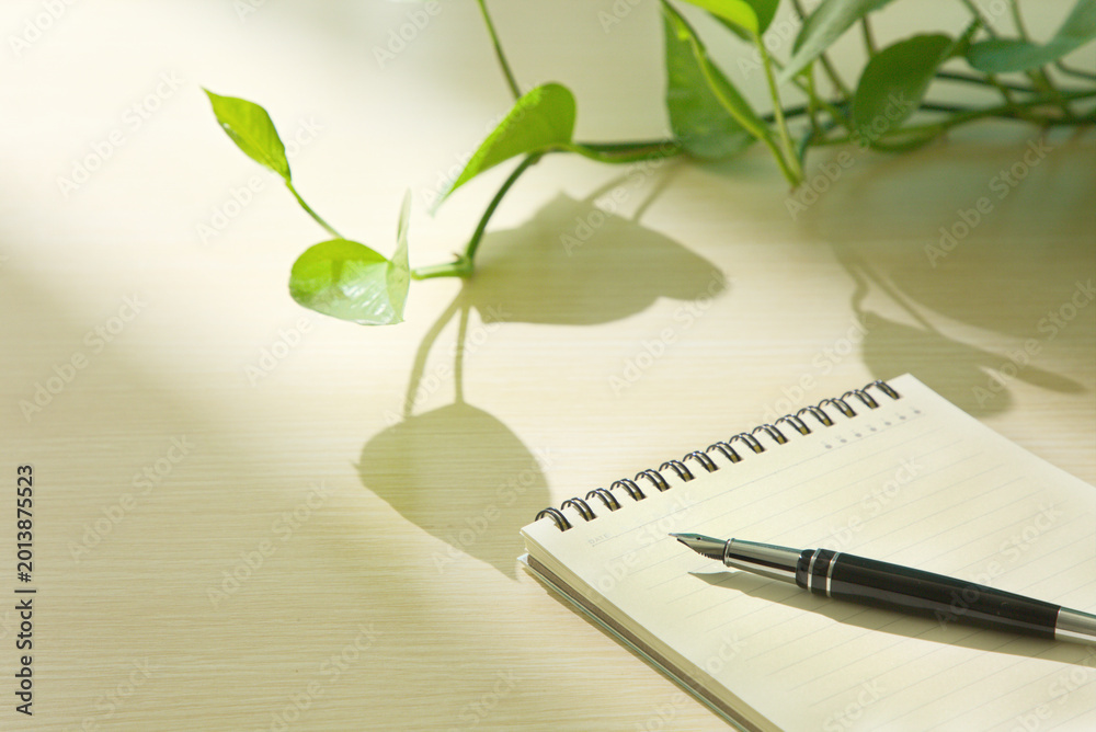 Fototapeta premium Close-up of a notebook, a blue pen, and green plants on a wooden desk, light and shadow, office supplies, copy space