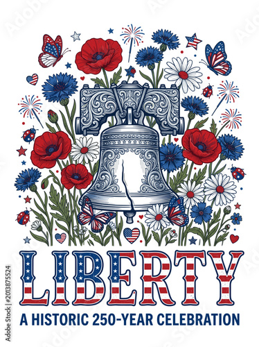 Liberty A Historic 250 Year Celebration Floral Liberty Bell Poppies Cornflowers Daisies Butterflies Ladybugs Fireworks Patriotic T-Shirt Vector Design Isolated on Transparent Background