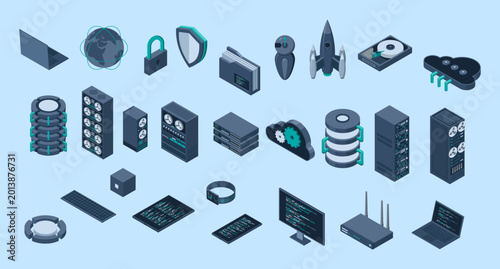 Set of isometric computer technology. Isometric set server equipment. Cloud network and database platform. Isometric technology