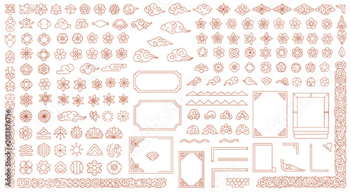 Extensive collection of traditional Chinese decorative elements including clouds flowers frames and borders in red outlines.