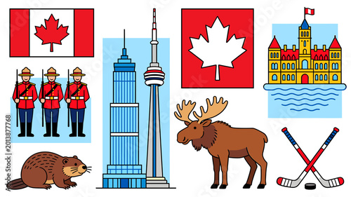 Foto A collection of iconic Canadian symbols including the flag, RCMP, CN Tower, moose, beaver, and hockey sticks