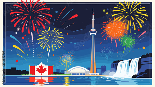 Obraz na plátne Vibrant illustration of Toronto skyline at night with colorful fireworks, featuring the iconic CN Tower, Rogers Centre, Canadian flag, and Niagara Falls