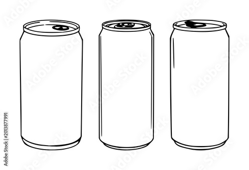 Soda can set with black line art depiction on white background featuring soda bottle, beverage iconography with minimalist style and outline illustration