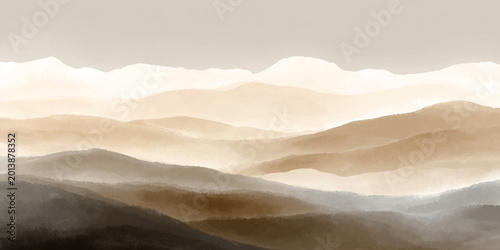 Abstract layered mountain landscape in soft beige and brown tones. Misty hills and distant peaks create calm atmospheric scenery with watercolor style effect