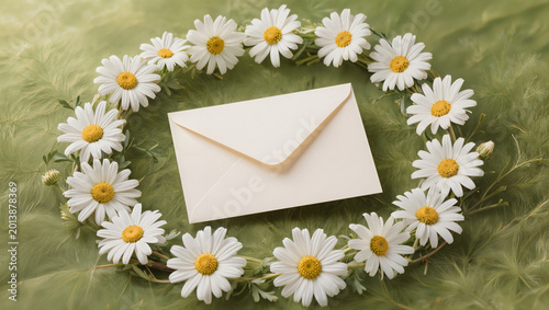 Blank Envelope with Daisy Flower Wreath on Green Background