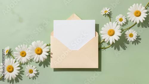 Blank Open Envelope with Daisy Flowers on Green Background