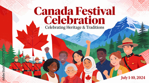 A vibrant illustration of a Canada Festival Celebration, featuring a diverse group of people, RCMP officers, Canadian flag, maple leaf, and mountains, celebrating heritage and traditions.