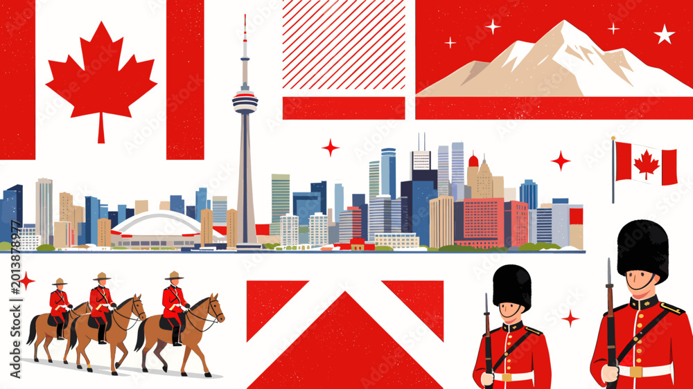 Naklejka premium Vibrant collage showcasing iconic Canadian symbols including the Maple Leaf flag, CN Tower, Mounties, and Royal Guards.
