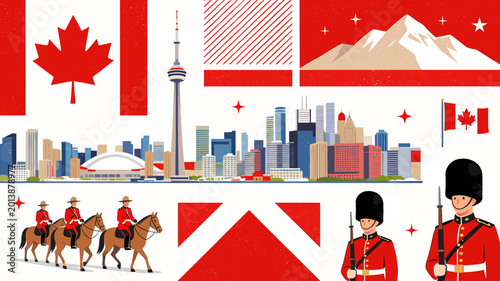 Fotografia Vibrant collage showcasing iconic Canadian symbols including the Maple Leaf flag, CN Tower, Mounties, and Royal Guards