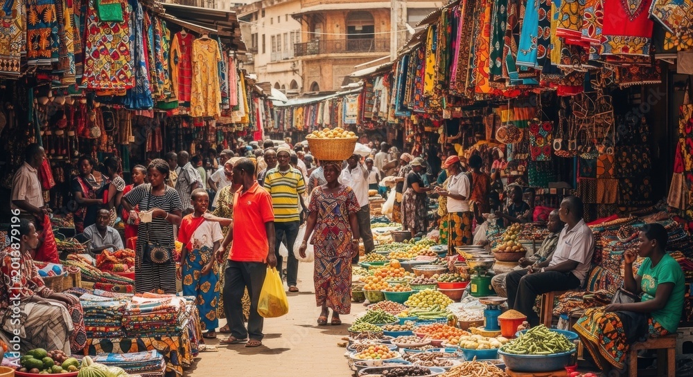 Obraz premium People shopping at a vibrant street market in Africa with fresh produce