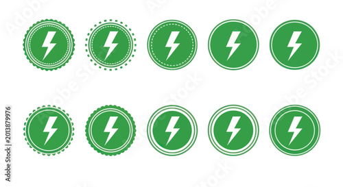 Collection of green lightning bolt icons representing energy and power.