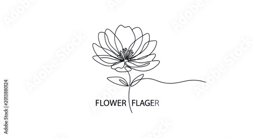 Minimalist continuous line drawing of a blooming flower on white background