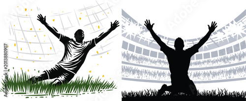 A dynamic silhouette of a soccer player sliding on their knees with arms wide in celebration against a minimalist geometric stadium backdrop, rendered in flat 2D vector art with vibrant grass green,