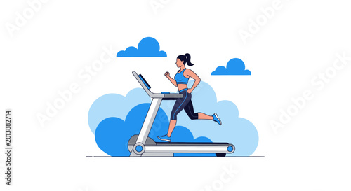 Quadro su tela Woman running on a treadmill for a fitness workout illustration