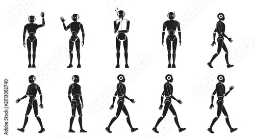 Set of humanoid robot silhouettes in various poses including walking waving and thinking