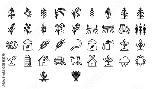 Tableau sur toile Cereals doodle 29 icon set with grain plants agriculture and editable stroke vec