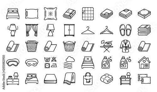 Obraz na płótnie Bedroom linen flat line 30 icon set with bed pillows blanket and editable stroke