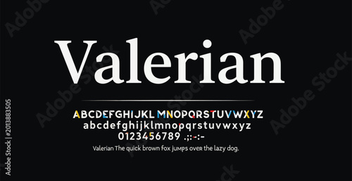 Valerian bold modern sans serif font display with alphabet and sample text