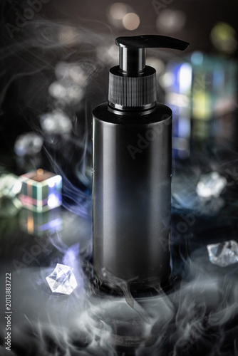 Luxury Black Cosmetic Product Mockups on Geometric Pedestals with Abstract Background