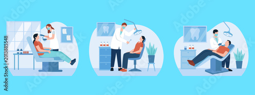 Dental clinic flat vector illustration set, professional dentist examining patient in medical chair, stomatology healthcare and oral hygiene concept