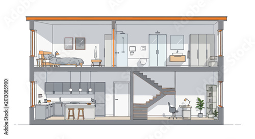 Modern home interior cross-section with kitchen, bedroom, and bathroom