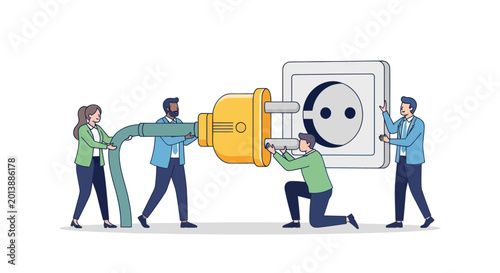 Business team collaborating to connect a giant electric plug to a power socket
