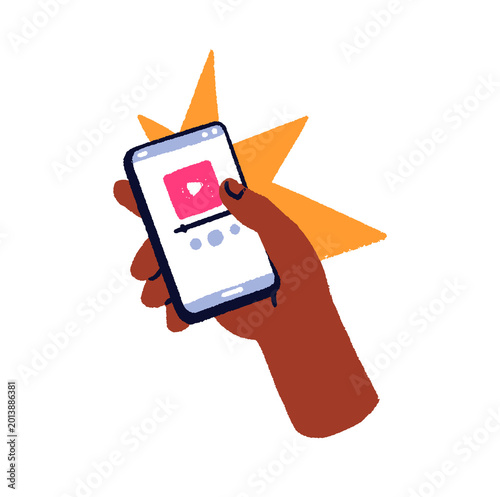 Smartphone screen with audio player interface. Hand holding mobile phone with...