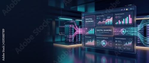 Digital banking dashboard with financial charts and data streams on a futuristic screen