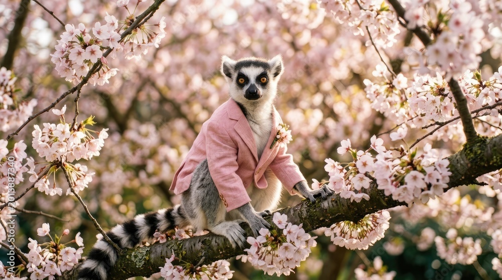 Fototapeta premium Ring tailed lemur in business attire amongst cherry blossoms