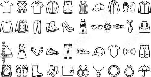 Foto Large fashion and clothing line icons set featuring apparel accessories footwear jewelry and seasonal garments like shirts dresses shoes hats and bags for retail web design vector illustration