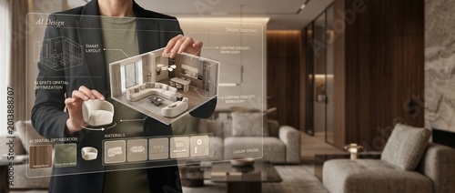 Person interacting with a holographic interior design projection displaying furniture and material options