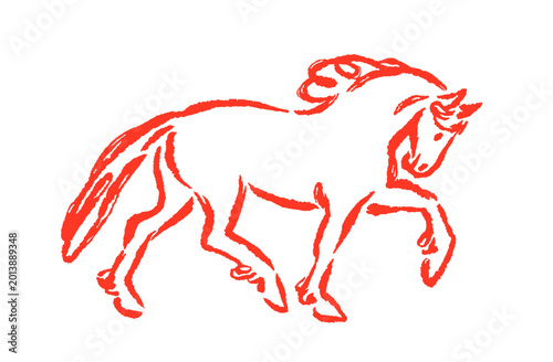 Horse, doodle sketch brush drawing. Outline chalk hand-drawn equine animal du...