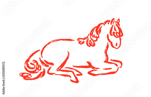 Horse lying down, doodle sketch style drawing. Outline contour hand-drawn equ...