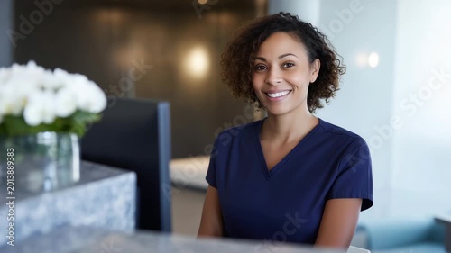 Friendly clinic front desk assistant smiling at reception counter, professional healthcare service in bright medical office interior clinic assistant, medical receptionist, health