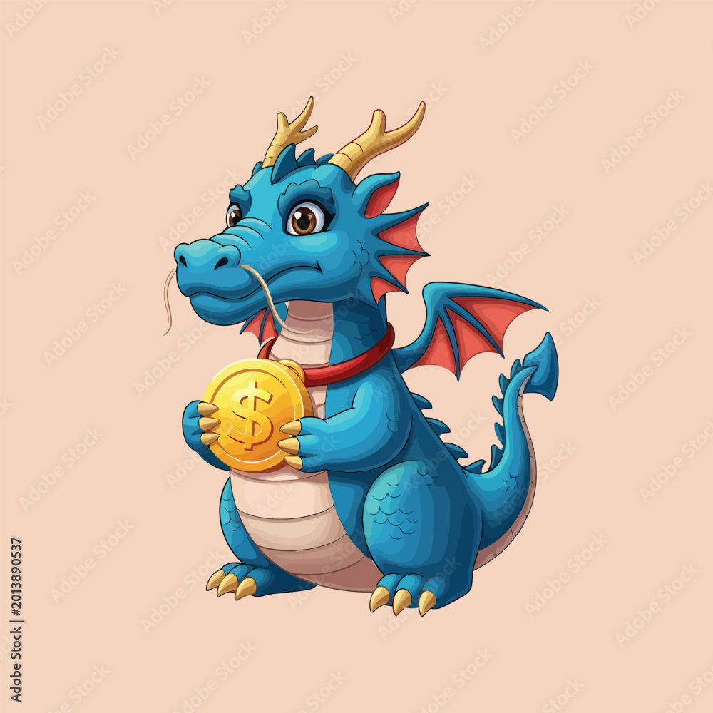 Fototapeta premium Blue dragon holding gold coin.