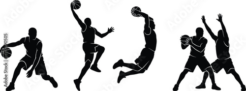 Set of basketball player silhouettes featuring athletes dribbling jumping for slam dunks and playing defense isolated on white background