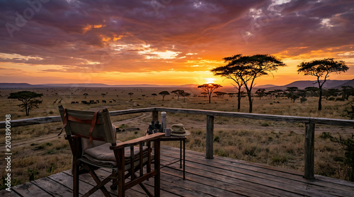 Chair stands on a wooden balcony overlooking a vast African savanna during a vibrant sunset with acacia trees in the distance.