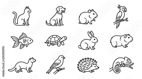 A black line art set of cute minimalist animal icons including a cat, dog, rabbit, bird, fish, turtle, and hedgehog in simple outline style for decoration and design on white background