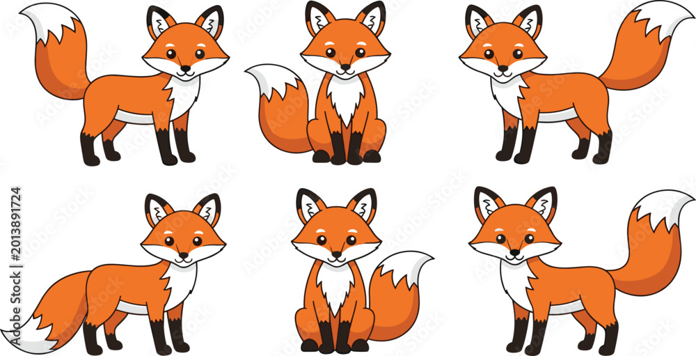 Fototapeta premium Cute Cartoon Red Fox Character Set with Six Different Poses and Expressions for Childrens Nursery Decor, Kindergarten Educational Materials, and Playful Woodland Animal Branding