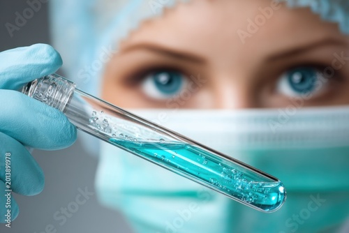 A person in a lab coat and gloves is focused on a test tube filled with blue liquid, showing concentration while conducting experiments