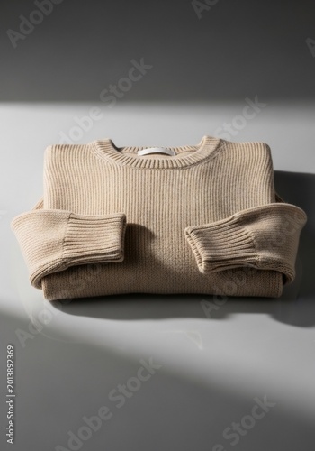 Cozy knit sweater, warm beige fabric, folded for storage, soft texture, minimalist apparel shot.