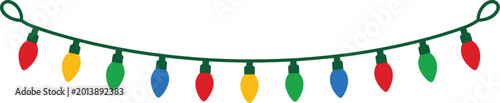 Garland of colorful christmas lights, red, yellow, green, and blue bulbs on a dark green string lights