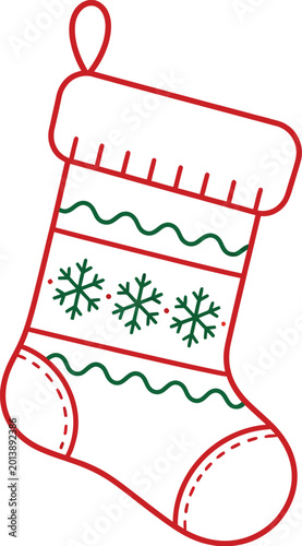 Red and green christmas stocking with snowflake pattern and hanging loop holiday festive