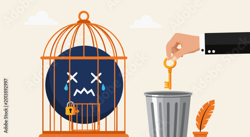 Tableau sur toile Sad face trapped in cage with key thrown in trash can - vector illustration for