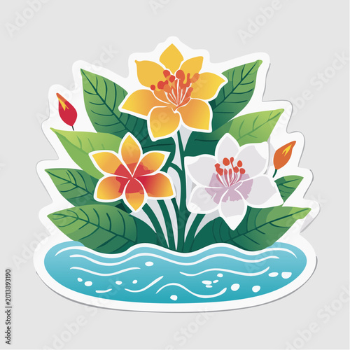 Vibrant Tropical Flowers and Water Illustration