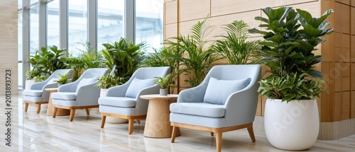 Modern waiting area with chairs and indoor plants near panoramic windows, office lobby interior concept.